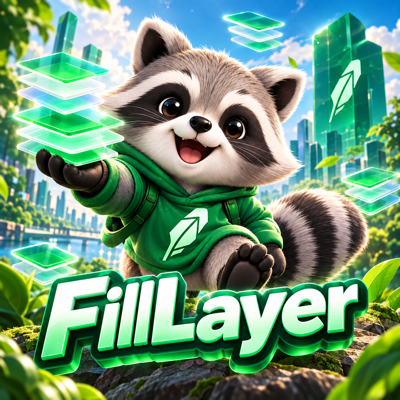 FillLayer raccoon mascot with floating green layers